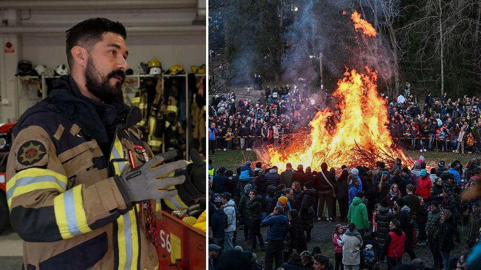 Här förklarar brandmannen hur man ska tänka med elden under valborg och ger tips på hur man ska tänka när man eldar en majbrasa.