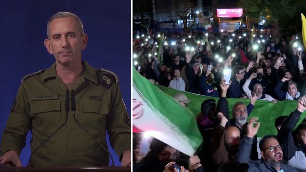 Människor firar i Irans huvudstad Tehran efter attacken mot Israel. Talesperson för Israels militär uttalar sig efter attacken.