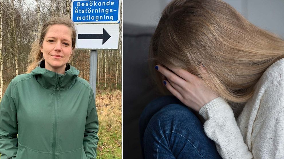 Till vänster: specialistsjuksköterskan Alexandra Källström framför en parkeringsskylt som hänvisar besökande till ätstörningsmottagning. Till höger: Flicka sitter ihopkrupen med händerna för ansiktet.