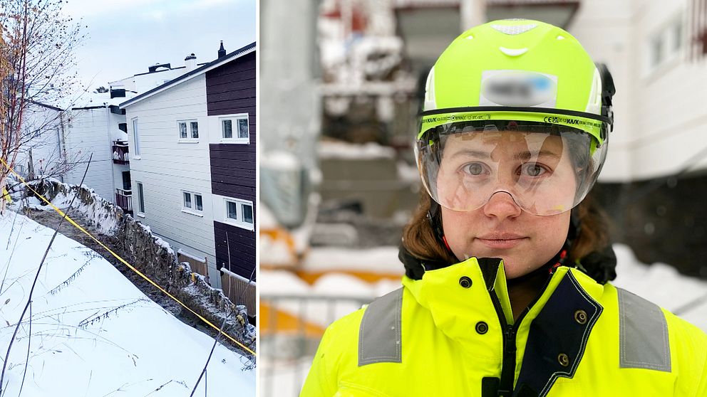 En kvinna i gula varselkläder och hjälm tittar in i kameran. Till vänster en raserad stödmur.