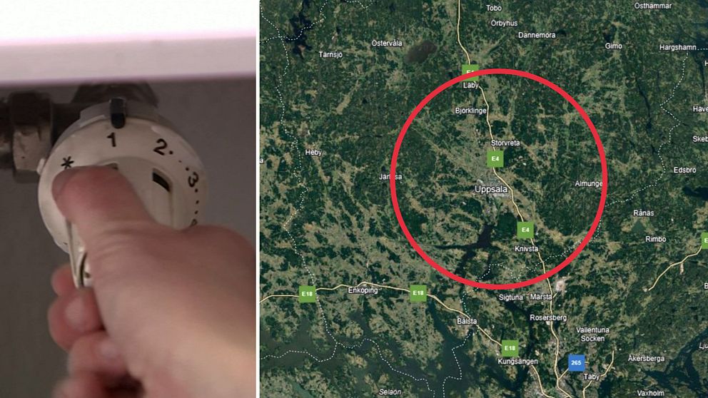 Aggregat element och karta över området i Uppsala som är utan värme.