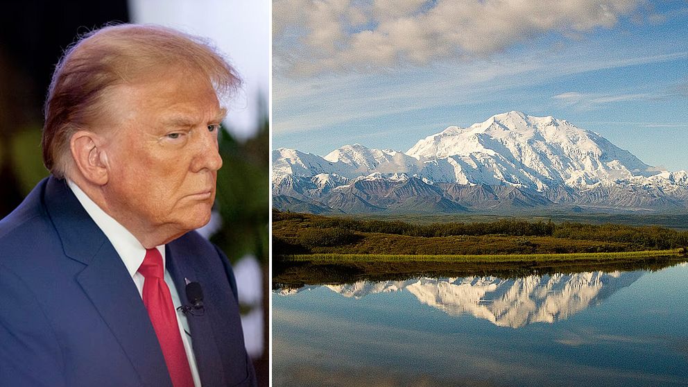 En delad bild med två sektioner: den vänstra sidan visar Donald Trump i kostym med röd slips som deltar i en intervju, medan den högra sidan visar en panoramavy av Mount Denali med snöklädda toppar speglade i en stilla sjö.