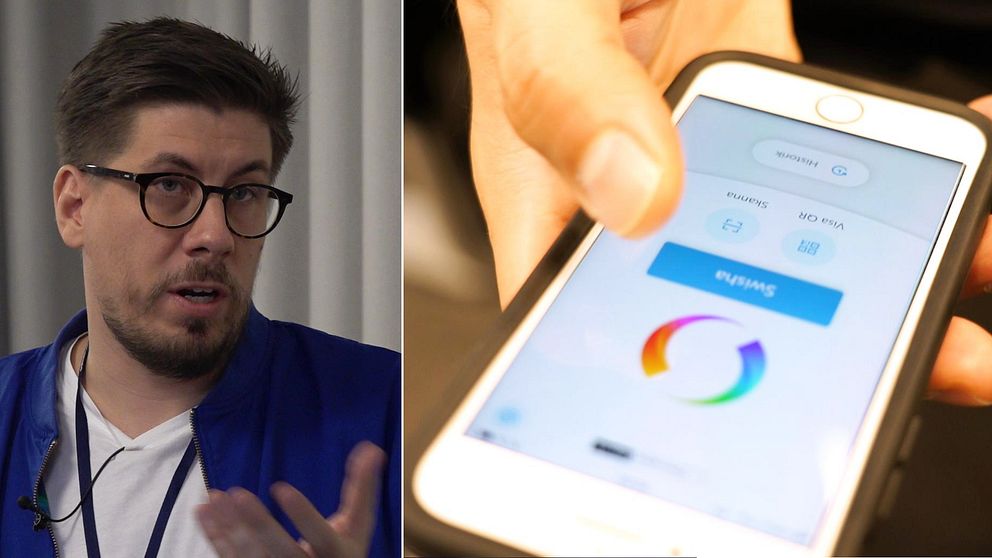 En polis sitter i intervju. Till höger syns en mobil som swishar pengar.