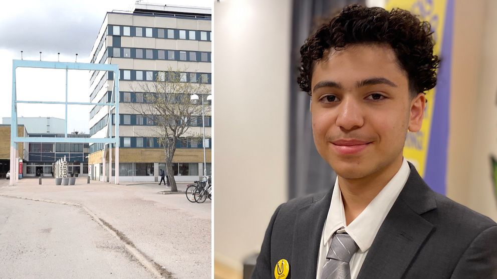 Bild på byggnader i Skäggetorps centrum och porträtt på ung man klädd i kavaj.