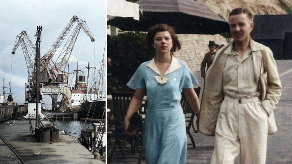 Tvådelad bild: vänster visar en hamn med kranar, höger visar ett äldre foto med två personer som promenerar.