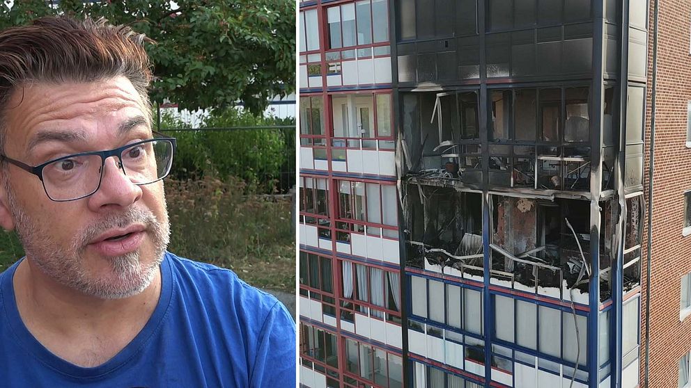 Grannen Rickard Gullberg pratar om branden i Malmö. Utbrunna balkonger på Tornfalksgatan.