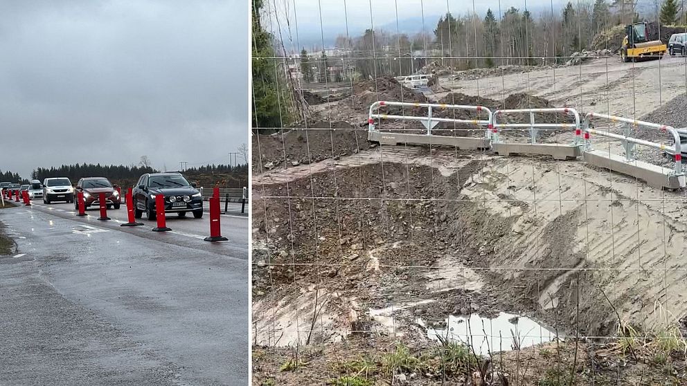 Delad bild. Till vänster: kö av bilar på E4 vid Torsboda i Timrå. Till höger: vägbygge med grävmaskin.