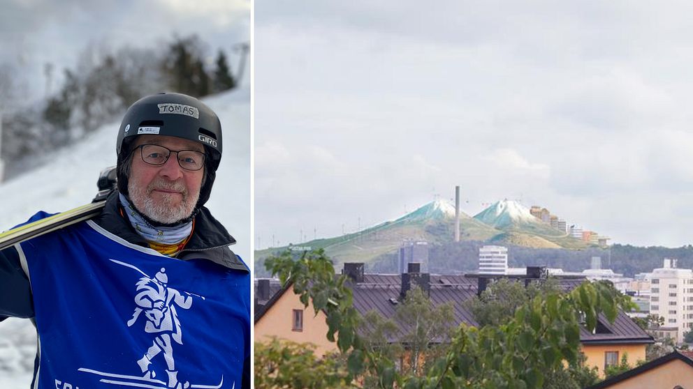 Delad bild. Vänster: person med hjälm i skidbacke. Höger: stadsvy med snötäckt berg i bakgrunden.