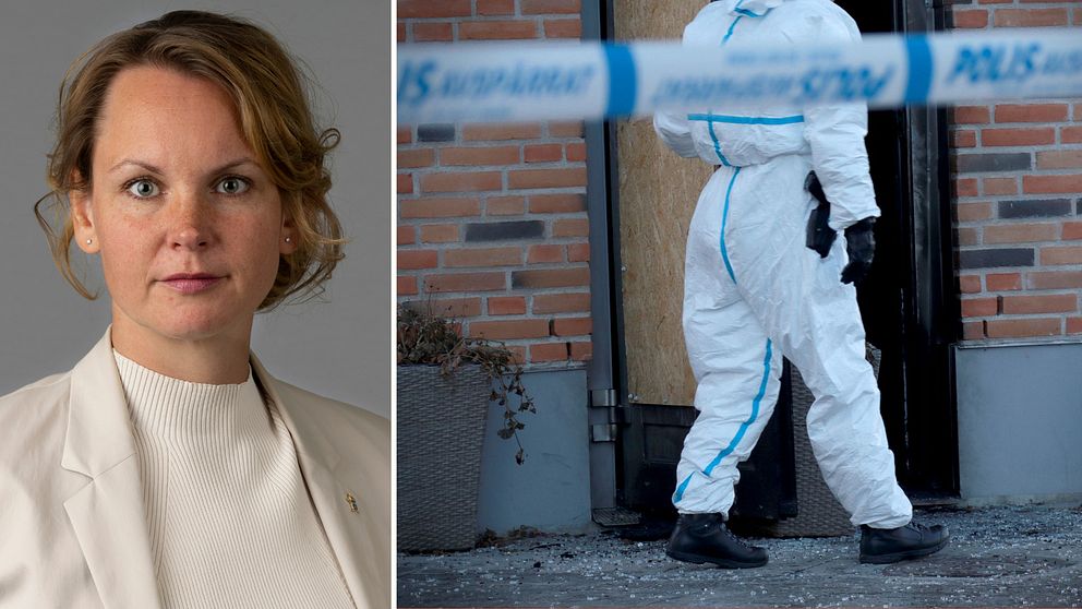 Delad bild. Vänster: person i vit kavaj. Höger: kriminaltekniker vid avspärrad plats.