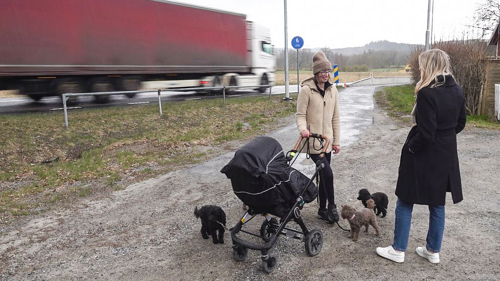 Två kvinnor står vid en väg där en lastbil åker förbi. En av kvinnorna har en barnvagn och tre hundar bredvid sig.