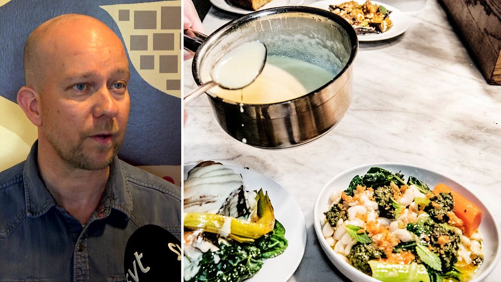 Bild på läraren Mattias Eriksson till vänster iklädd skjorta. Till höger bild på mat samt kastrull med sås i.