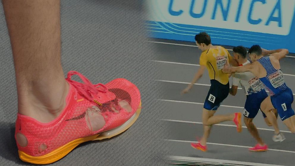 Löparen Andreas Kramer blir knuffad i finalen på 800 meter under inomhus-EM i friidrott i Istanbul 2023. Hans sko trampas sönder och medaljchansen försvinner