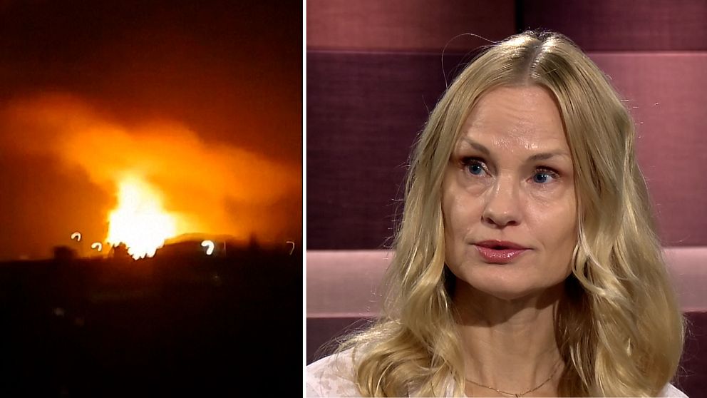 Delad bild. Till vänster: stor brand på natthimmel. Till höger: kvinna i tv-studio.