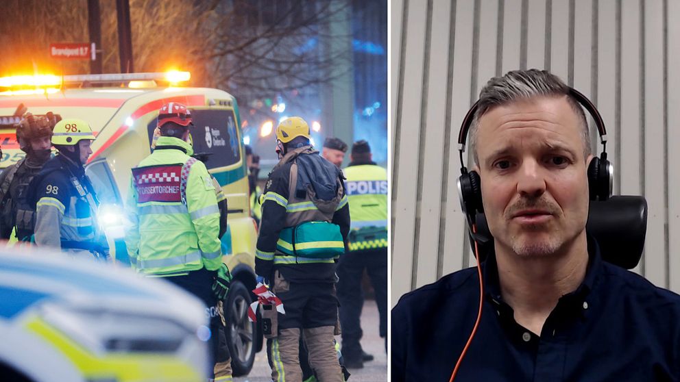 Tvådelad bild. Till vänster: Räddningspersonal vid en ambulans. Till höger: Man med hörlurar.