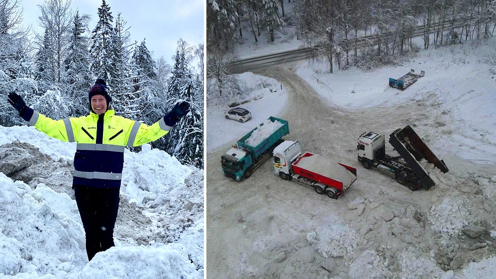 Västerås stads ingenjör på en snöhög. Lastbilar som dumpar snö.
