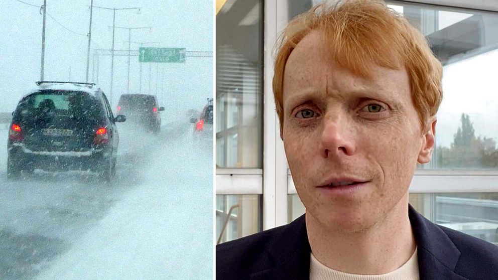 bilar i snöfall, SVT:s meteorolog Marcus Sjöstedt