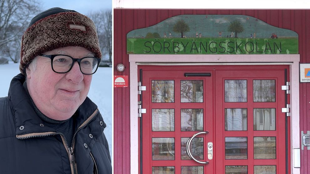 Vänster: Bo Ammer (SD), representant i grundskolenämnden, utomhus i vintermössa.  Höger: dörrar märkta med en skylt ”Sörbyängsskolan”