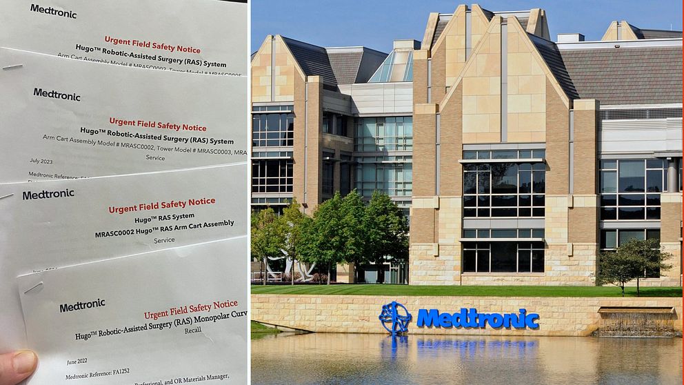 Urgent Field Safety Notices från Medtronic som gäller det robotassisterade kirurgiska systemet, placerade bredvid Medtronics kontorsbyggnad med en insjö i förgrunden.