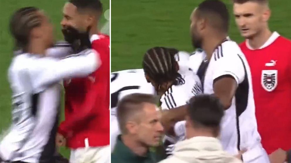 Här knuffar Leroy Sané österrikaren.