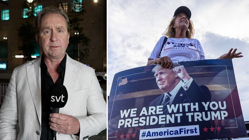 Tvådelad bild. Till vänster SVT:s utrikesreporter Stefan Åsberg, till höger en kvinnlig Trump-supporter med en skylt.