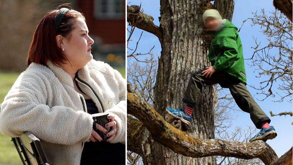 Samuels syster Emma sitter på bänk och Samuel klättrar i träd
