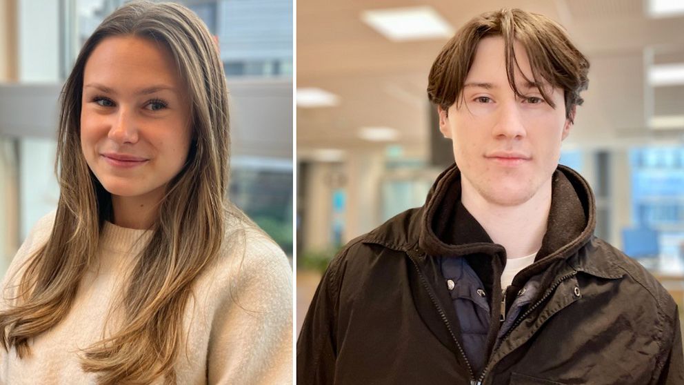 Delad bild med två personer inomhusmiljö, båda med ansikten täckta, på vänster sida syns en person med långt hår och beige tröja medan på höger sida en person med kort hår och mörk klädsel.