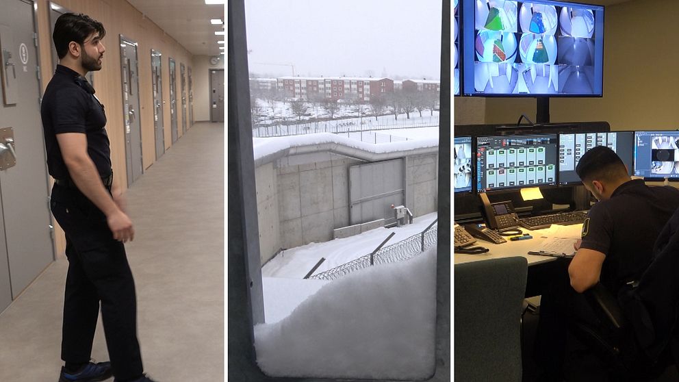 En kriminalvårdare utanför celldörrar, utsikt från Salbergaanstalten, en man framför en dataskärm med bilder från övervakningskameror.