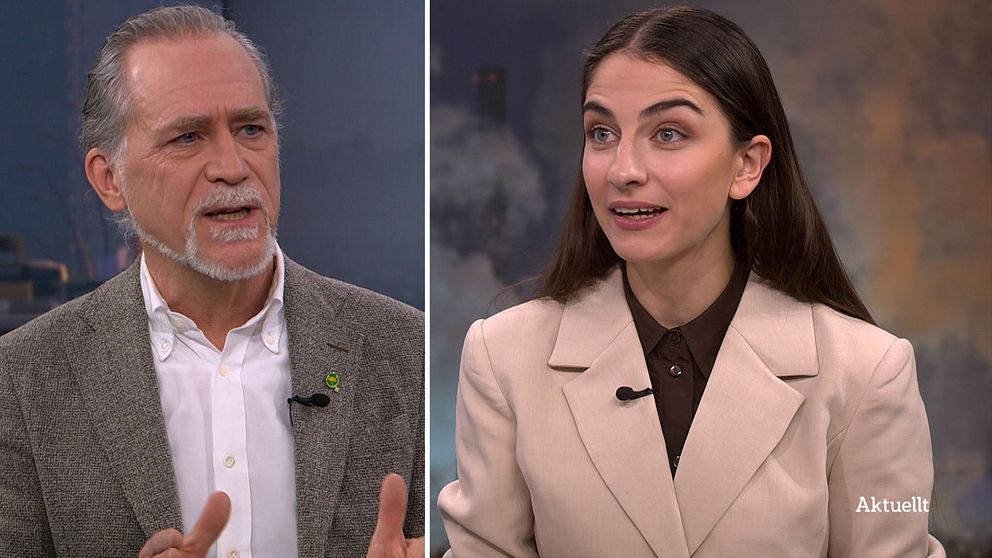 Daniel Helldén (MP) och Romina Pourmokhtari (L) i debatt i Aktuellt