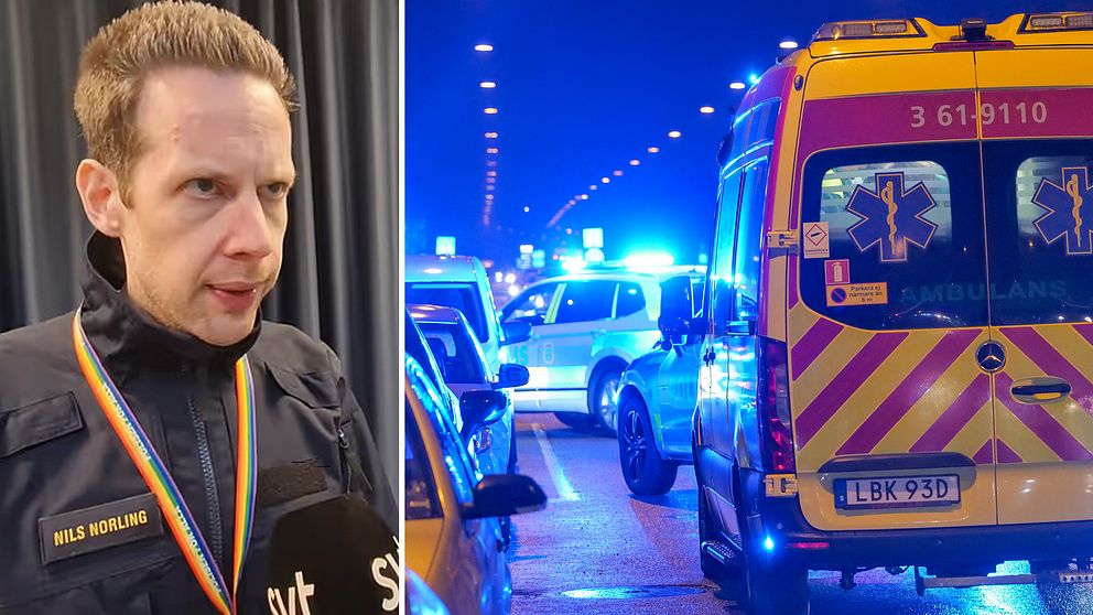 En delad bild som visar två scener. Till vänster ses en person i uniform, med en medalj och mikrofon. Till höger syns en ambulans med blinkande blåljus, parkerad på en väg med flera bilar i bakgrunden under nattens mörker.