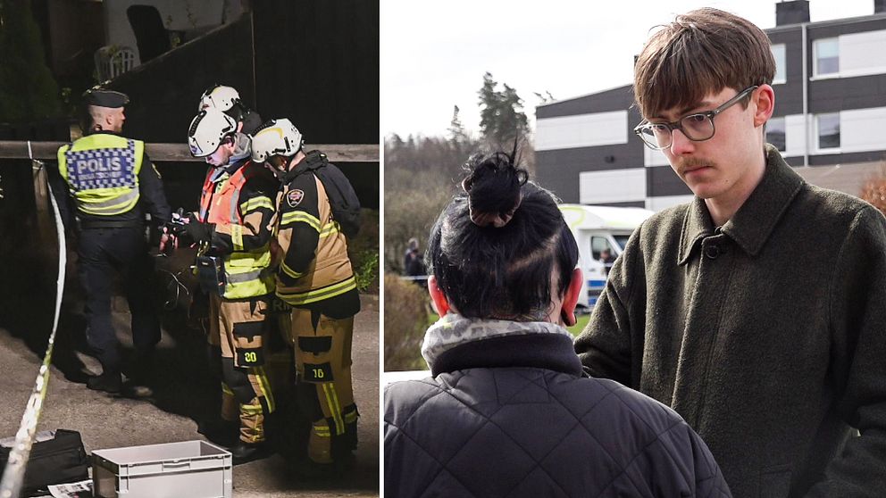 Till vänster polis och räddningstjänst, till höger en kvinna blir intervjuad i ett bostadsområde med ryggen vänd mot kameran. I bakgrunden polisavspärrningar.