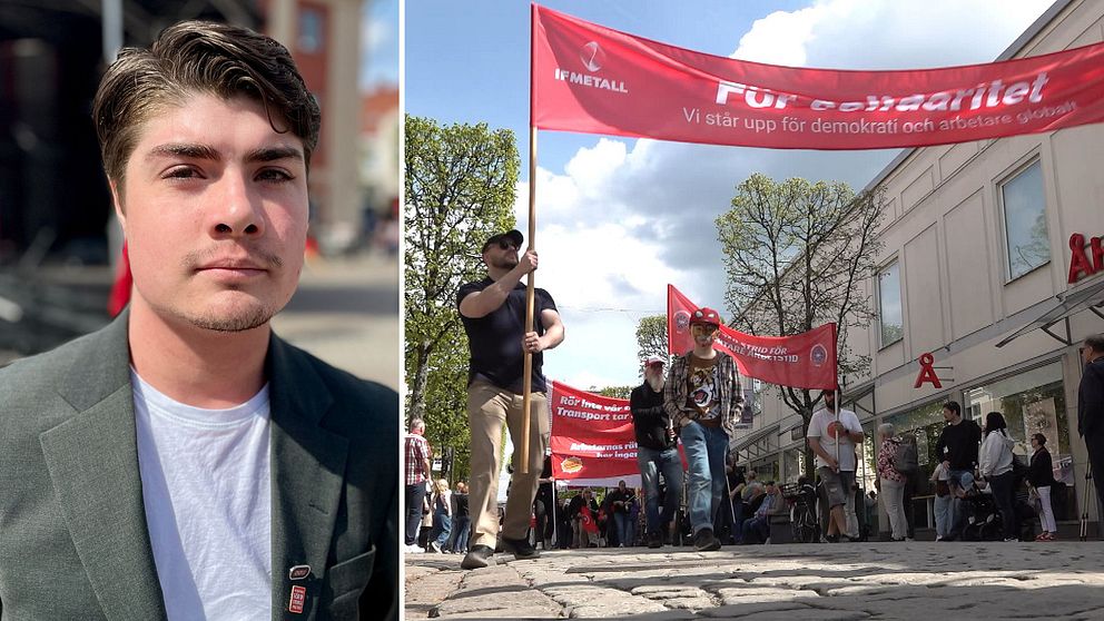 Delad bild. Vänster: person i kavaj utomhus. Höger: demonstration med röda fanor på gågata.