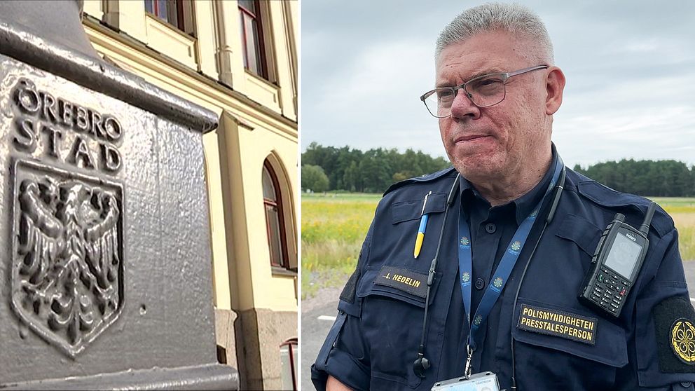 Till vänster en bild från ett hus där det står Örebro stad, till höger polisen Lars Hedelin.
