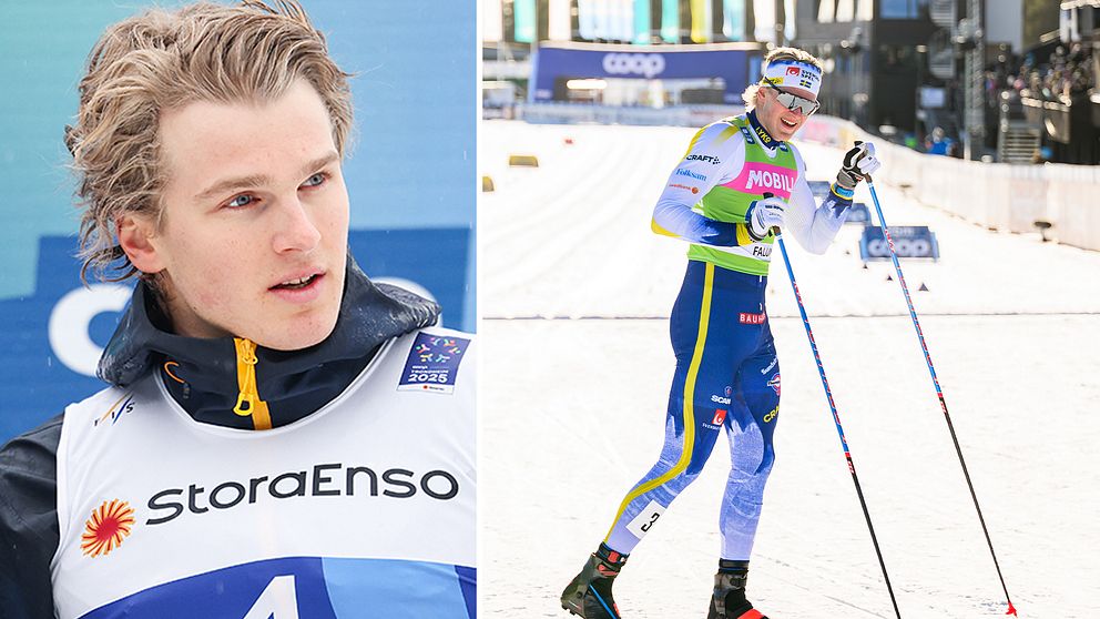 Tvådelad bild. Vänster: skidåkare i tävlingsdräkt. Höger: skidåkare i spåret med stavar.