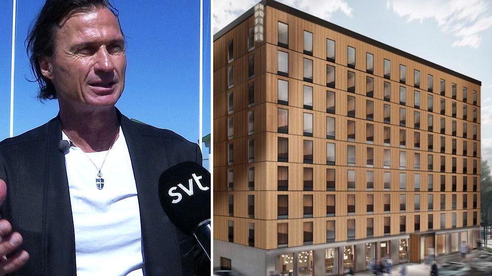 Petter Stordalen står på ena sidan. På andra sidan syns en illustration av ett hotell.