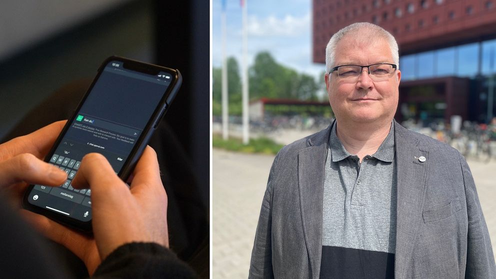 Bildmontage av telefon som använder AI applikation och porträtt på man utanför Linköpings universitet.