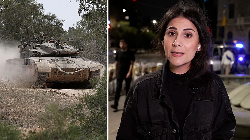 En stridsvagn och SVT:s Gilda Hamidi-Nia