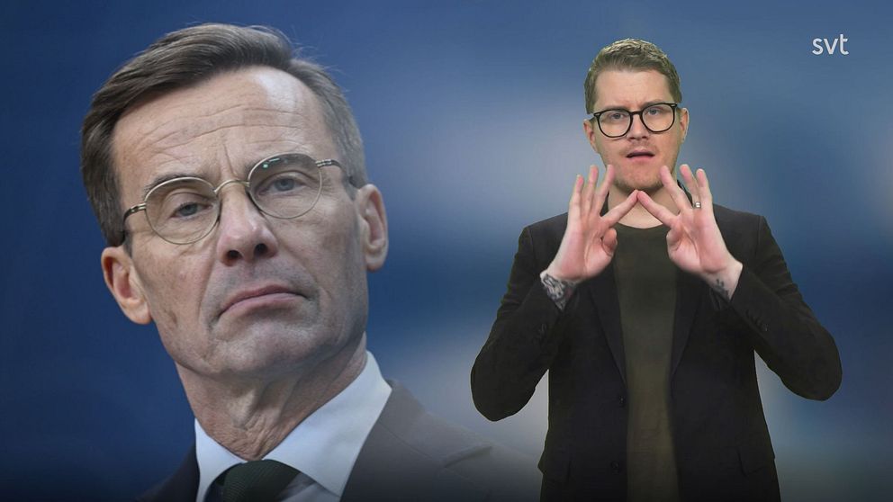 Programledare Magnus bredvid en bild på statsminister Ulf Kristersson