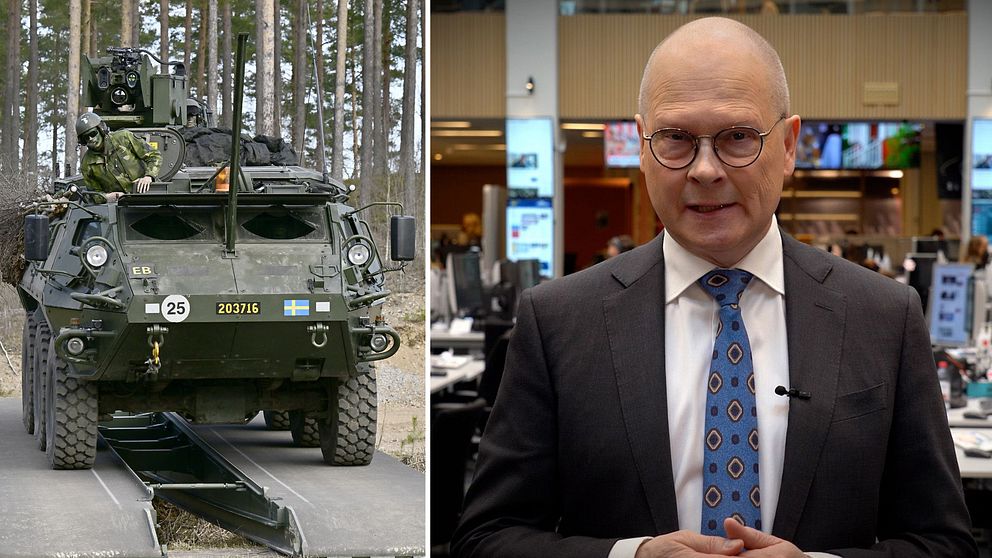 En pansarvagn och Mats Knutson SVT:s politikreporter