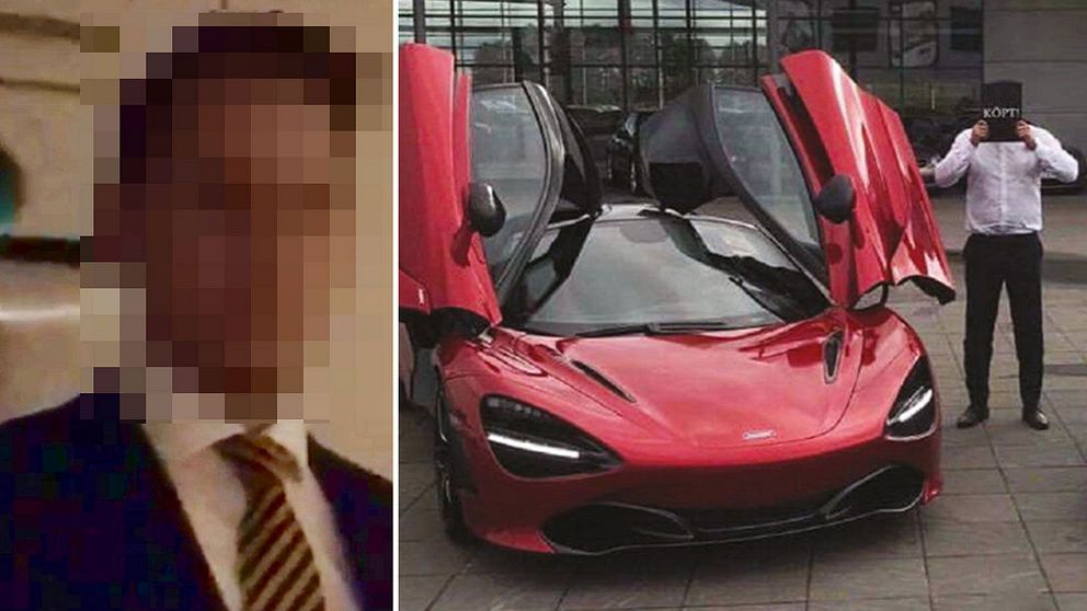 En delad bild med två sektioner: till vänster en suddig bild av en man i kostym med ett anonymt ansikte, till höger en röd McLaren 720S med öppna dörrar, parkerad framför en modern byggnad.