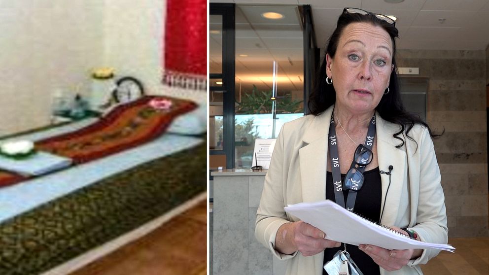 Delad bild. Vänster: bäddad säng med bricka. Höger: kvinna i kontorsmiljö håller papper.