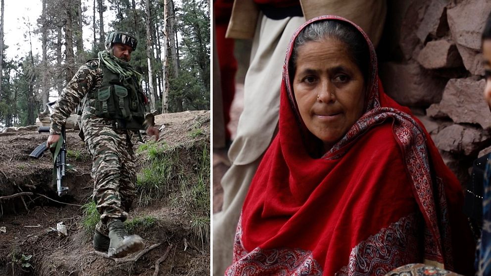Delad bild. Till vänster: soldat i skogsterräng. Till höger: person i röd sjal vid stenmur.