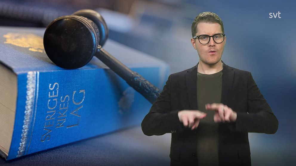 Programledare Magnus bredvid en bild av en lagbok och domarklubba