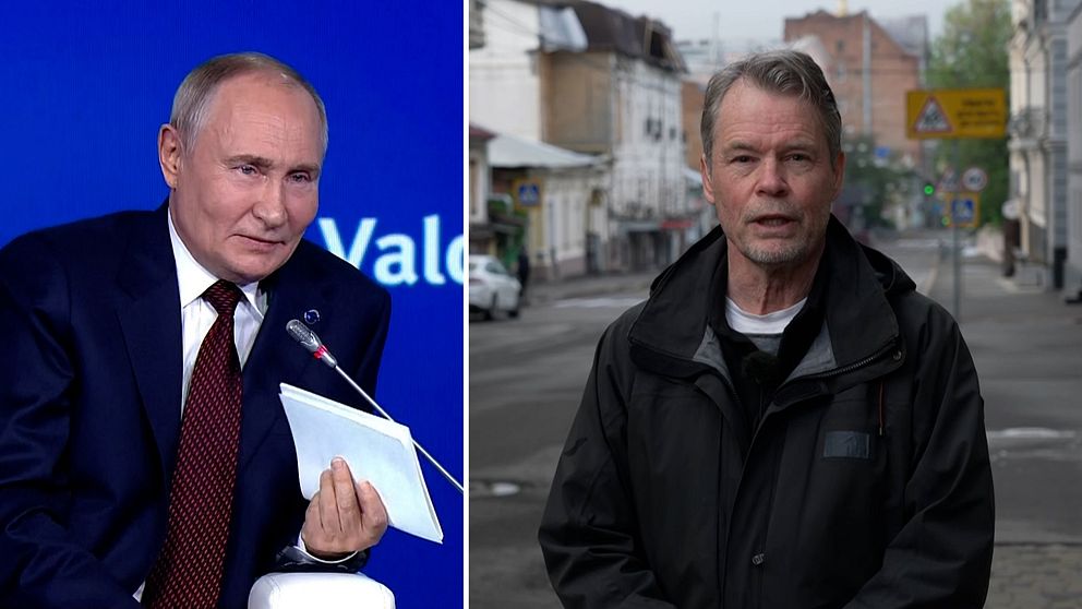 Delad bild. Till vänster: en man i kostym med en mikrofon. Till höger: en man på en stadsgata.