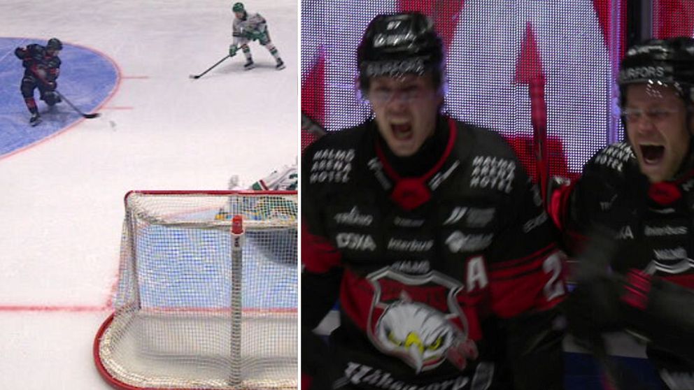 Tvådelad bild. Vänster: hockeyspelare vid målgården. Höger: spelare i svarta matchtröjor.