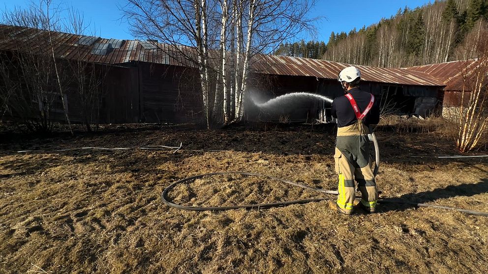 Brandman vattnar mark framför en gammal byggnad under soligt väder.
