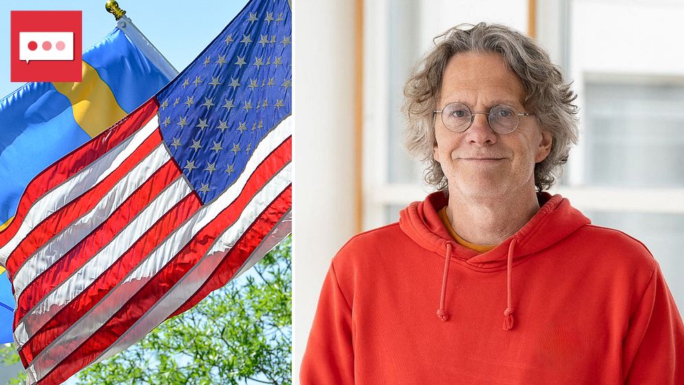 Tvådelad bild. Vänster: svenska och amerikanska flaggor. Höger: person i röd tröja.