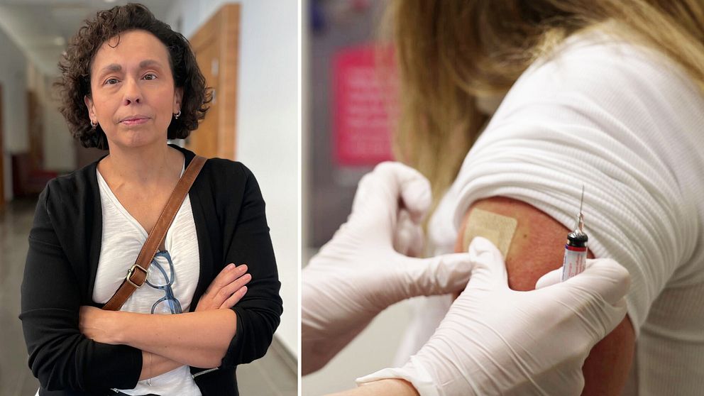 Tvådelad bild. Vänster: åklagare Carolina Diaz Bernal med armarna i kors i korridor. Höger: vaccinering i överarm.