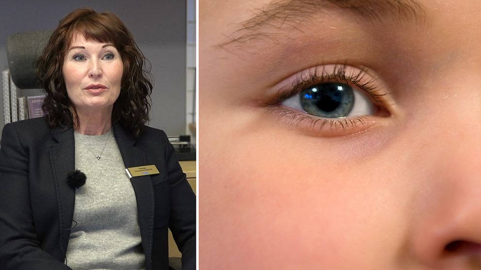 Therese Sundbom till vänster i bild och närbild på ett öga till höger.