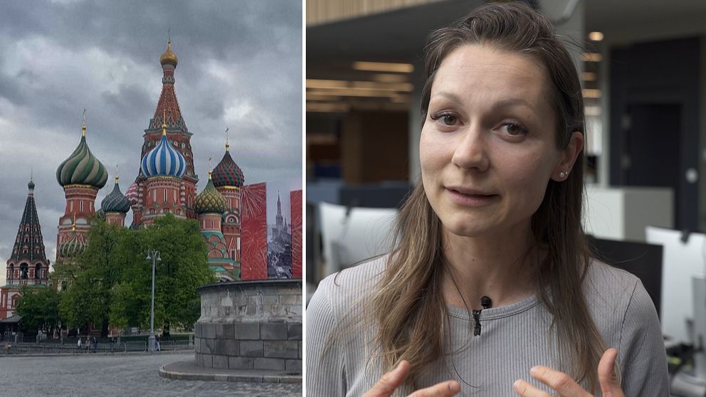 Till vänster, kreml. Till höger, SVT:s reporter.