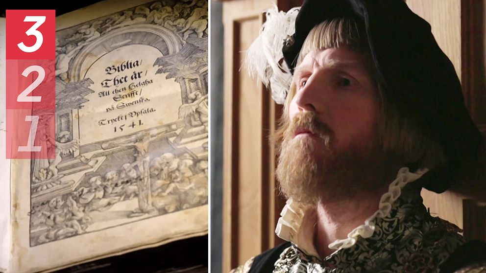 En bibel och skådespelare utklädd till Gustav Vasa från SVT:s serie Historien om Sverige